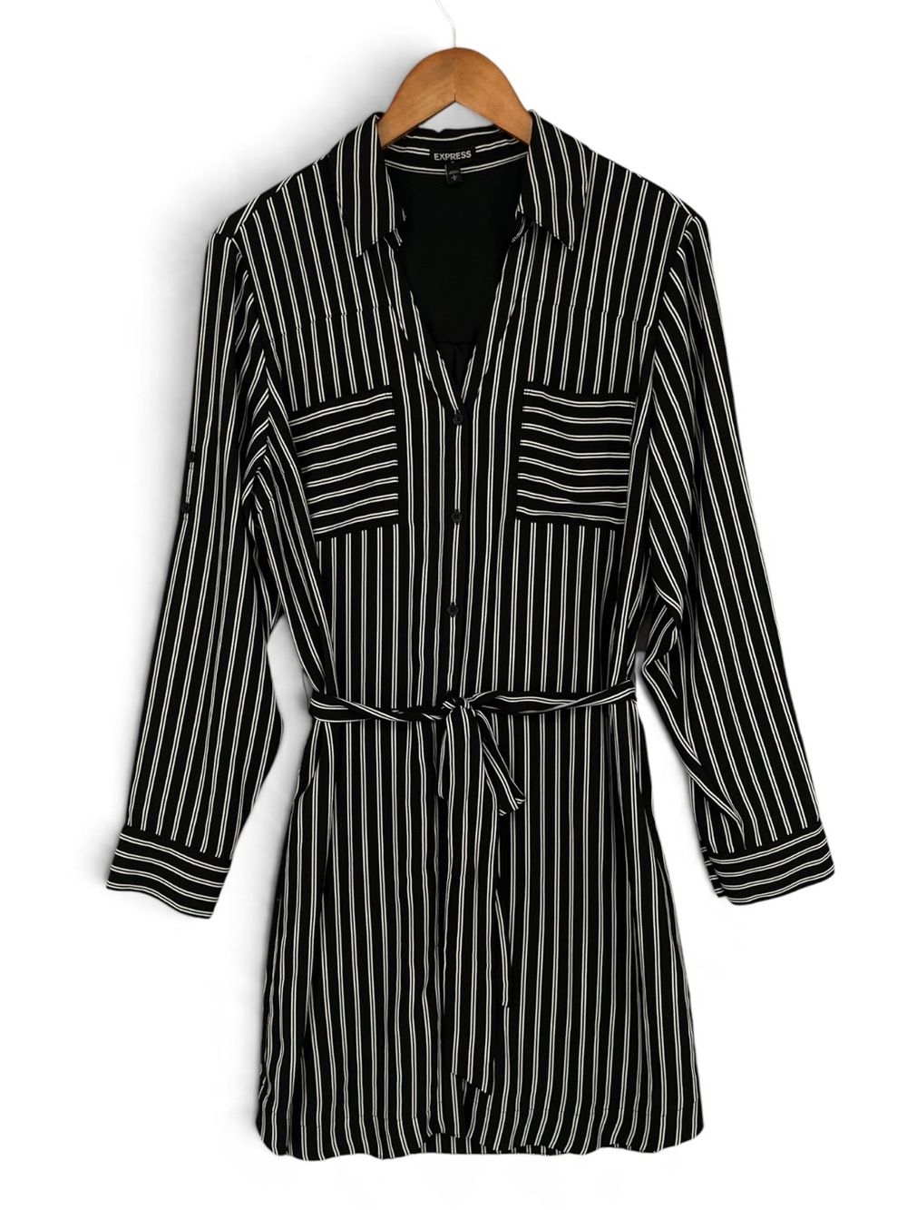 Express Striped Button‑Front Shirt Dress with Belt Black & White Size Large